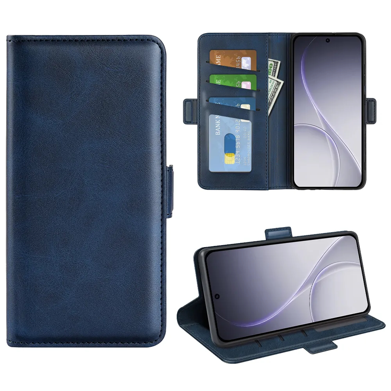 Étui portefeuille bleu pour téléphone avec fentes pour cartes et poche à billets.