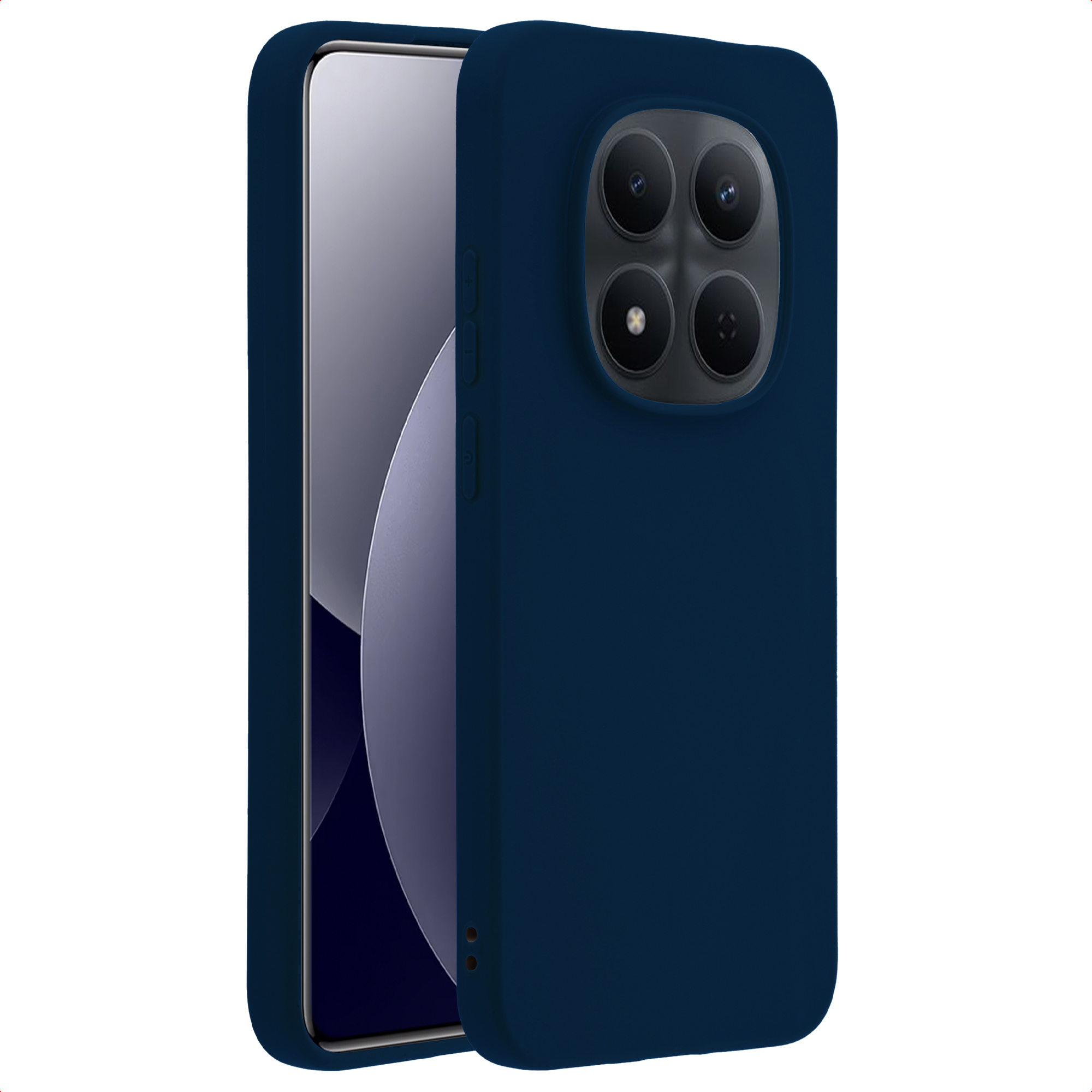 Donkerblauwe telefoonhoes met quad camera op witte achtergrond.