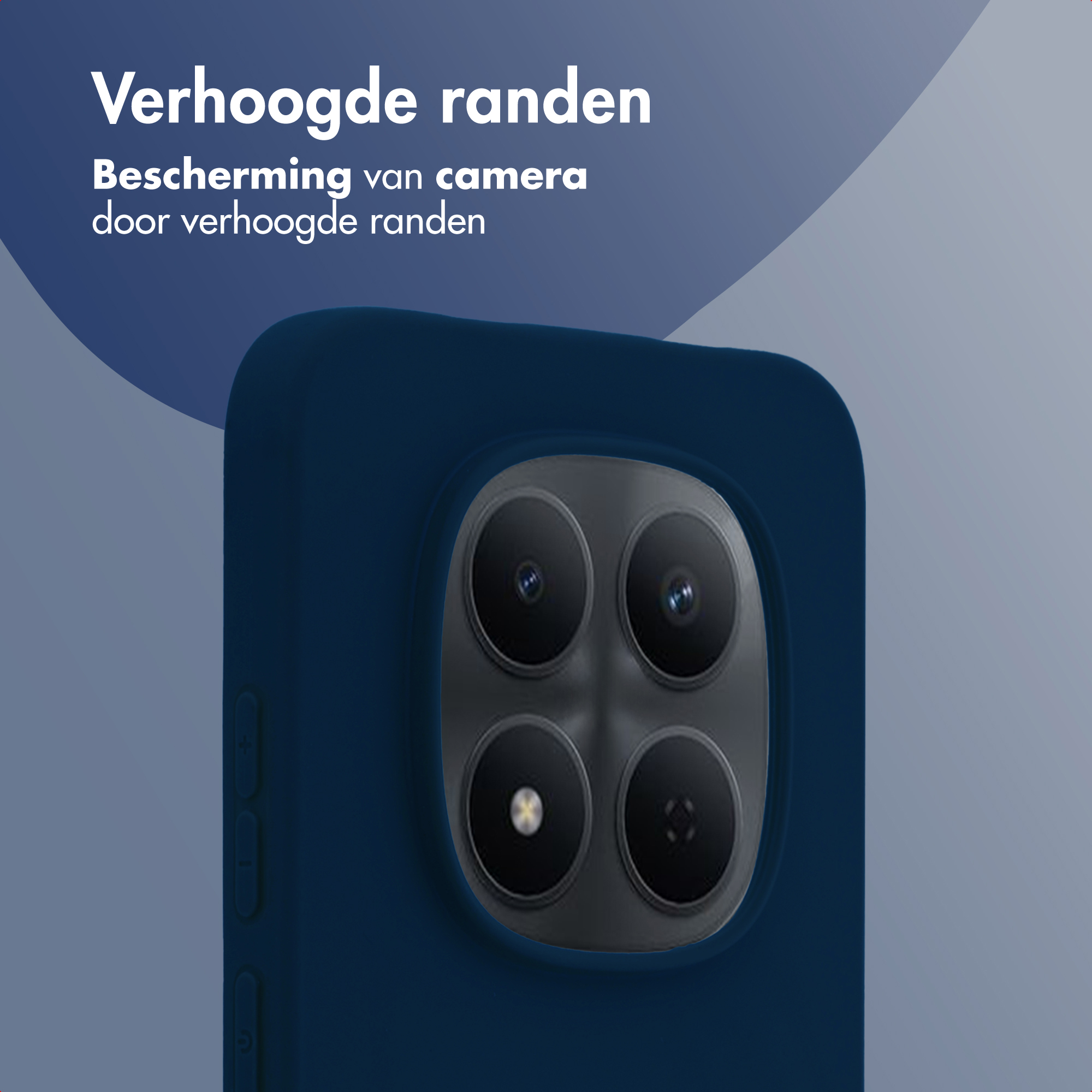 Donkerblauwe telefoonhoes met quad camera en verhoogde randen.