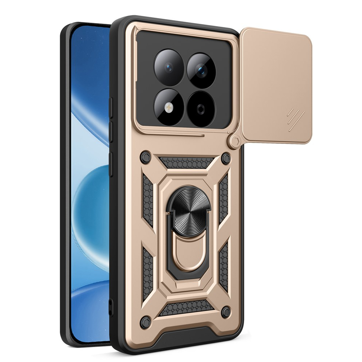 Gouden telefoonhoes met vier camera's, ringhouder en schuifdeksel.