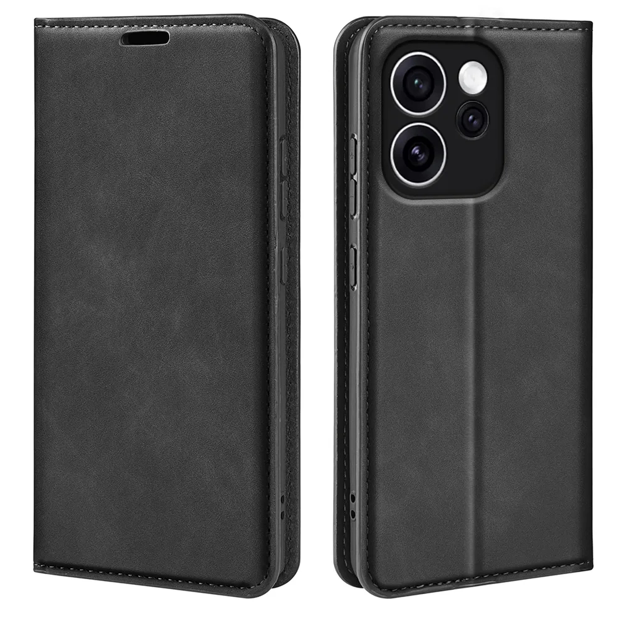 Zwarte telefoonhoes met camera-uitsparing en klepdeksel.