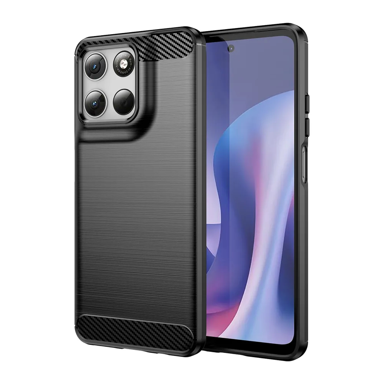 Zwarte telefoon met camera's en carbon accenten op witte achtergrond.