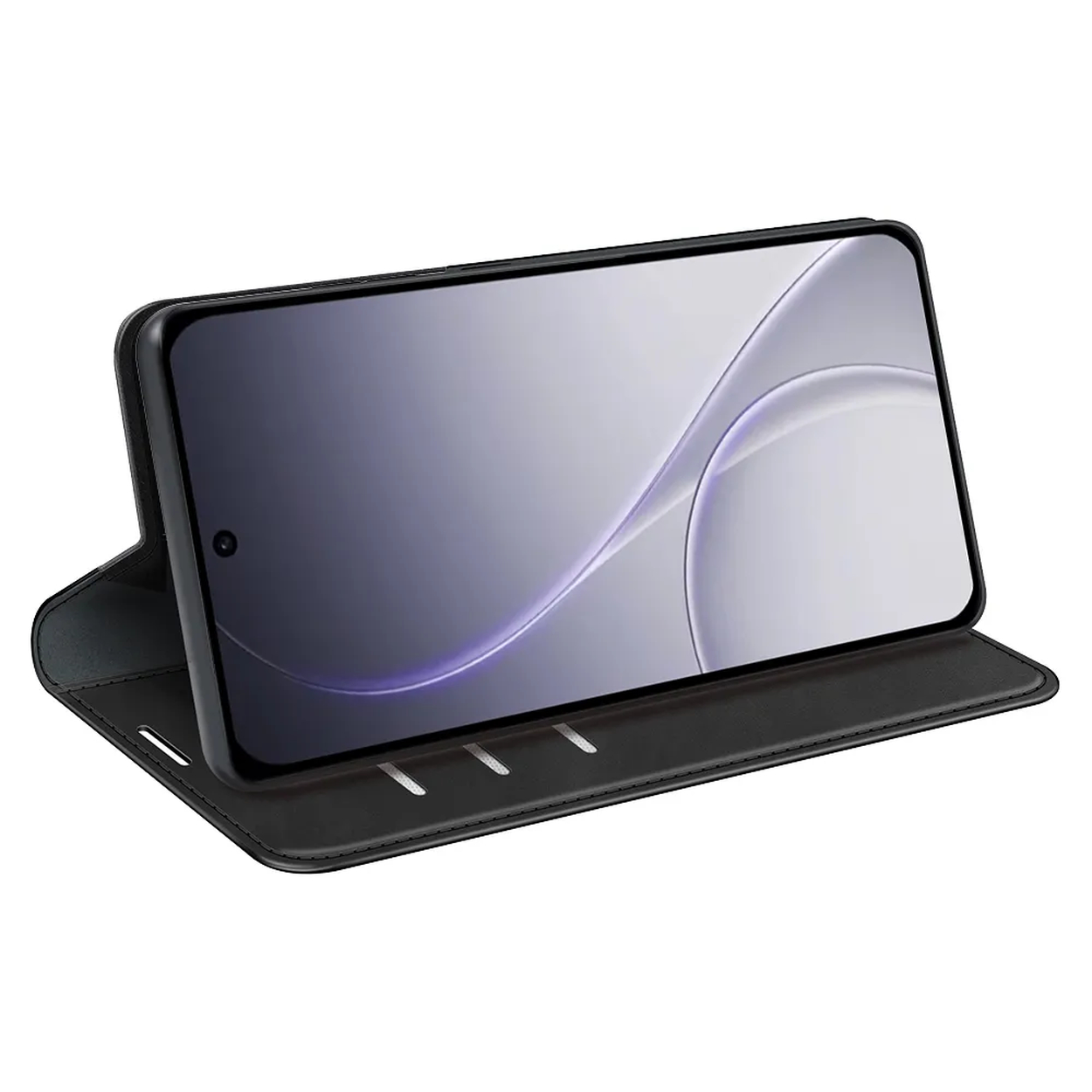Een zwarte mobiele telefoon in een zwart hoesje met open klep.