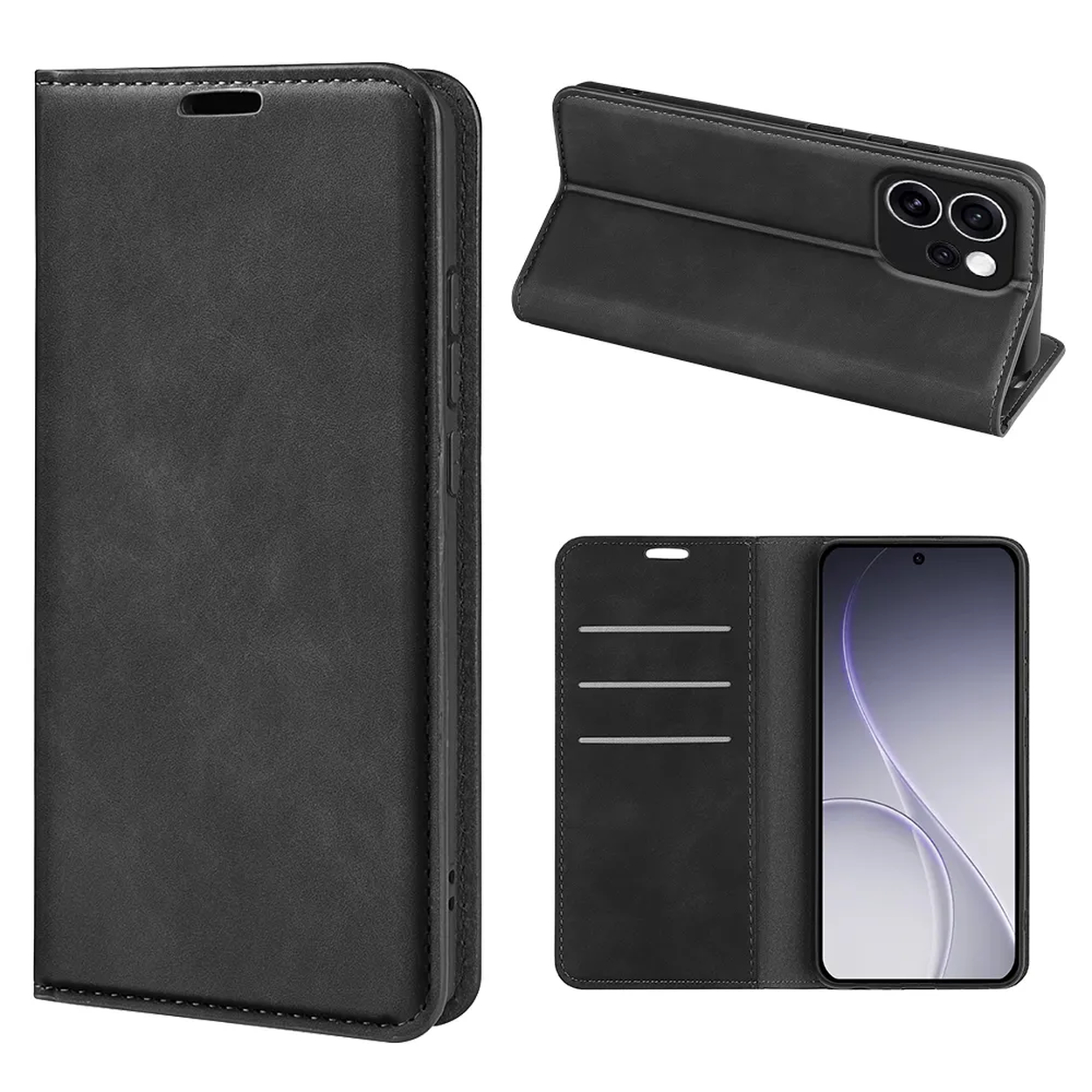 Zwarte leren flipcase voor smartphone, gesloten, open en open als standaard getoond.
