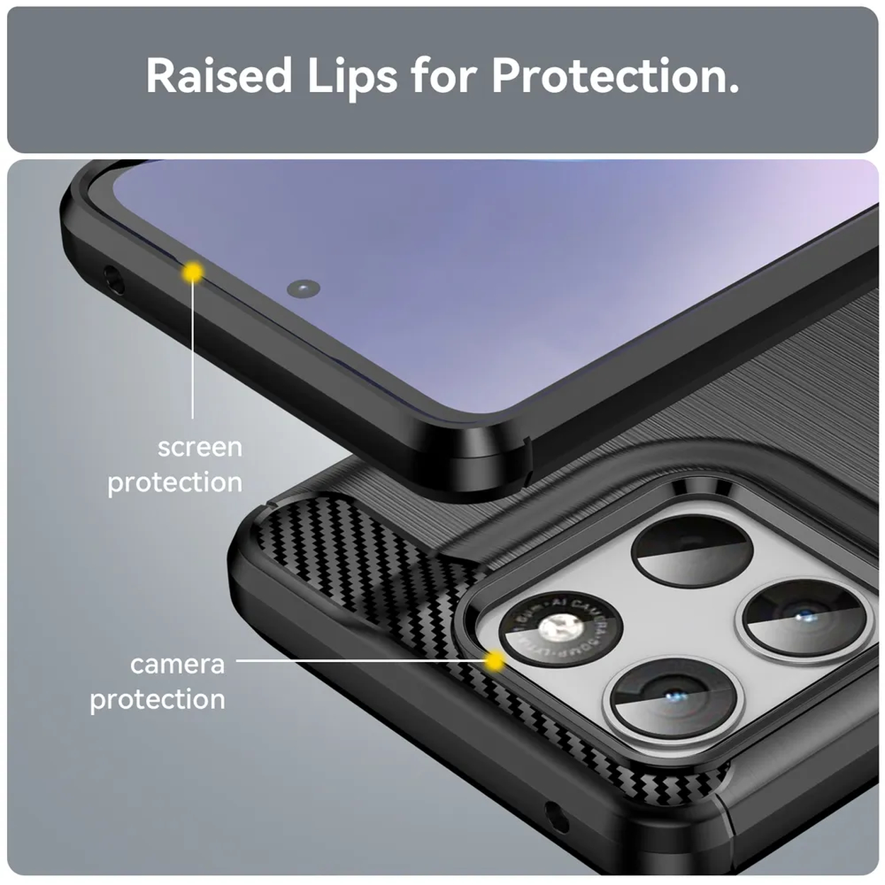 Zwarte telefoonhoes met verhoogde randen voor scherm- en camerabescherming.