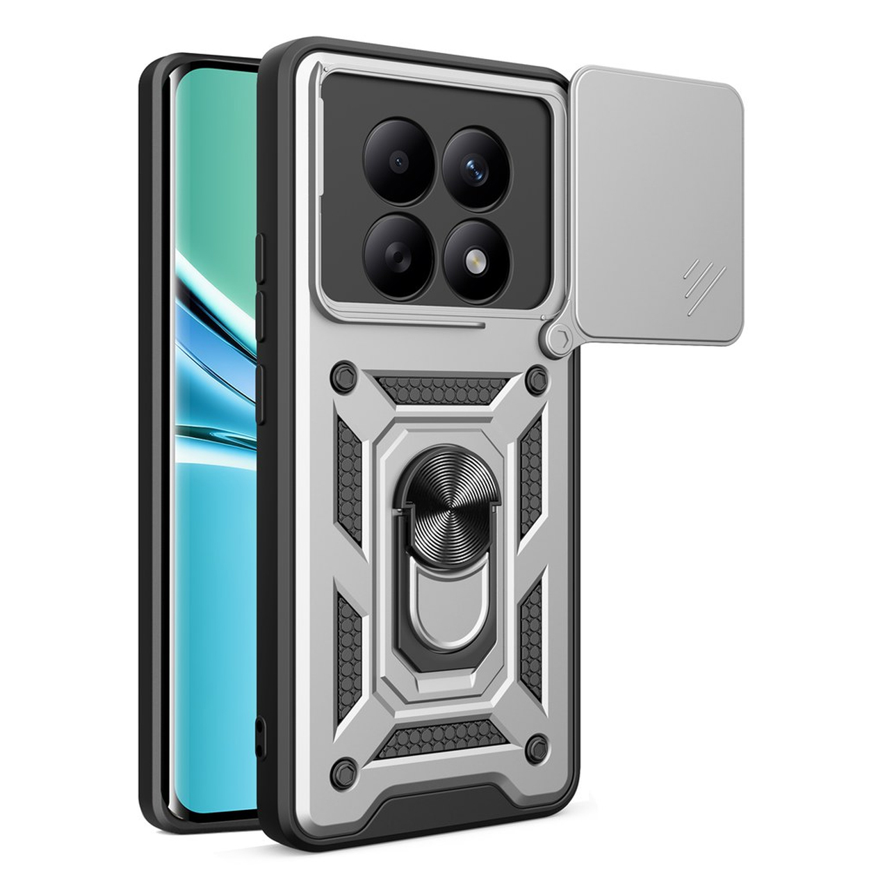 Coque de téléphone argentée avec anneau, quatre caméras et cache coulissant.