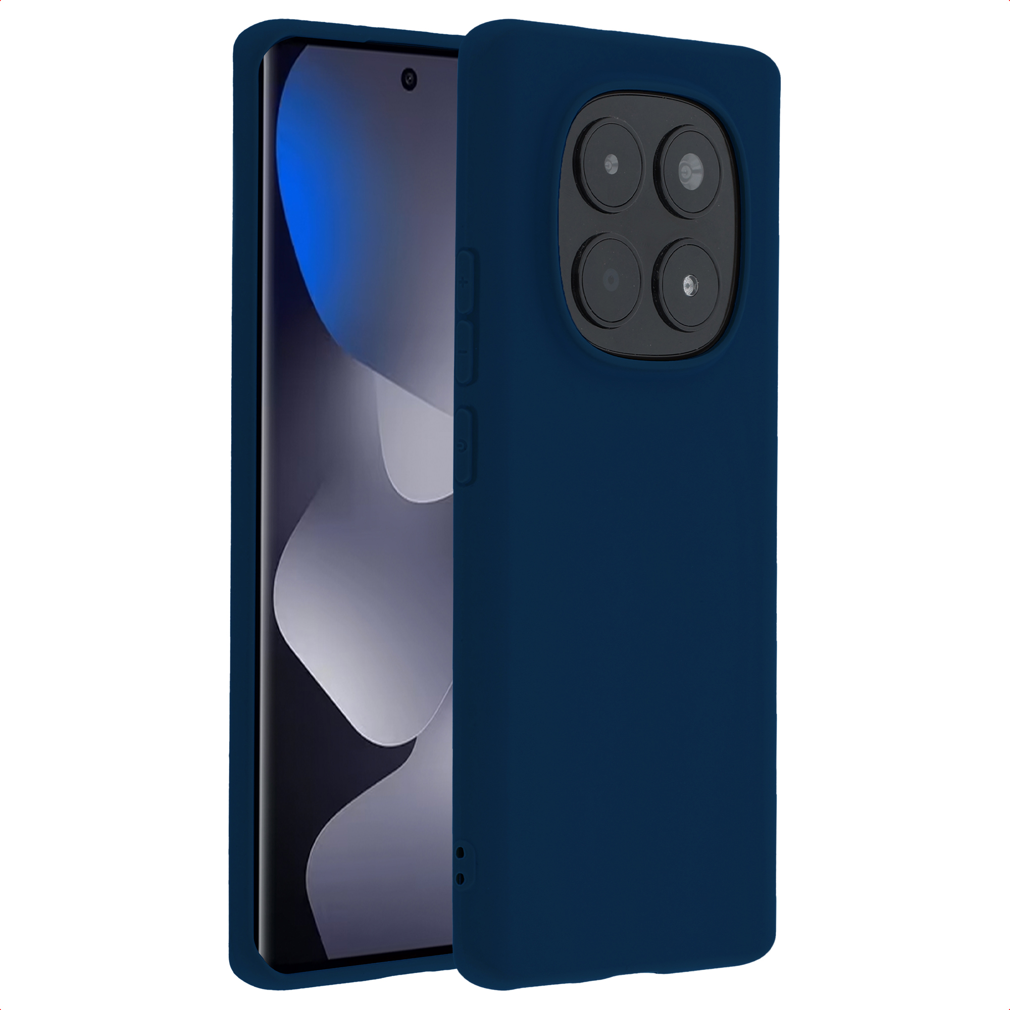 Coque de téléphone bleu foncé avec quatre objectifs de caméra et une partie de l'écran.
