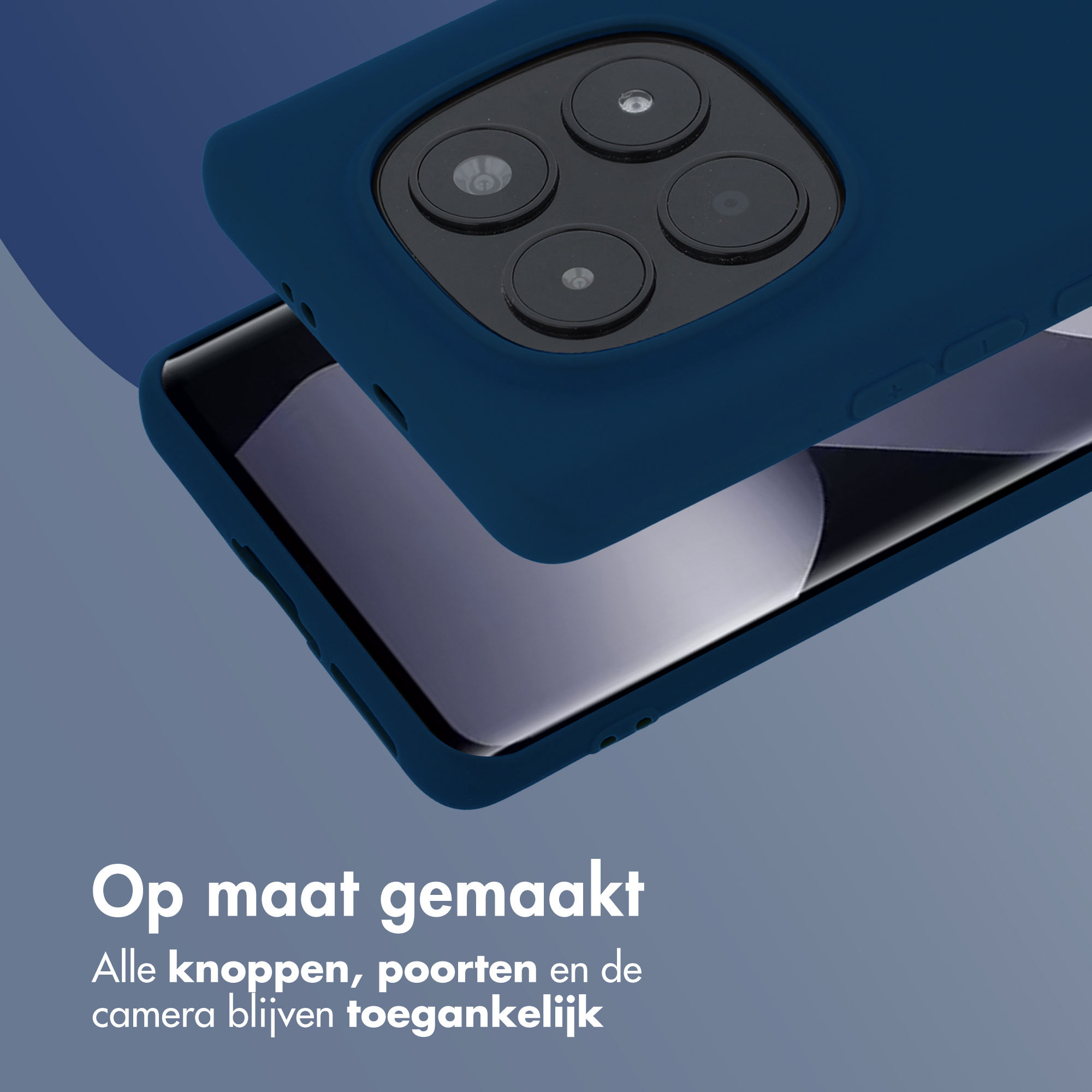 Coque de téléphone bleu foncé avec quadruple caméra et boutons.