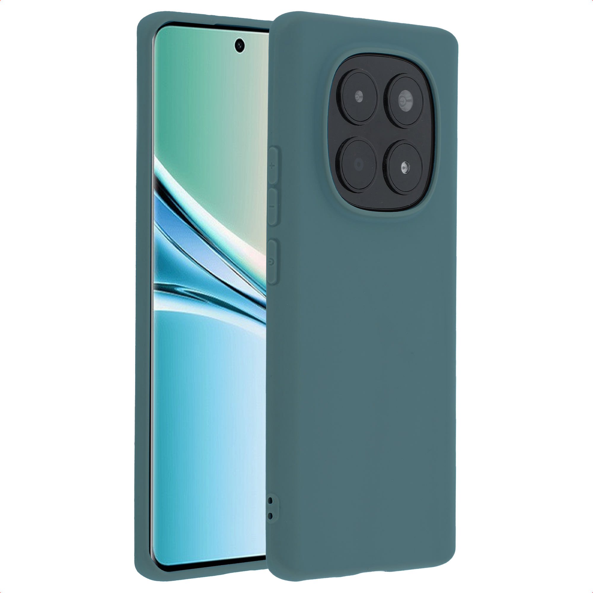 Une coque de téléphone bleu sarcelle avec un bloc de quatre appareils photo.