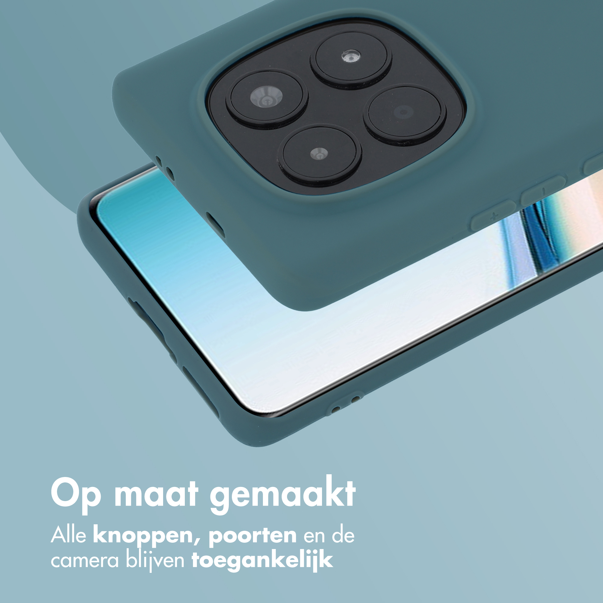 Un étui de téléphone bleu sarcelle avec quatre lentilles de caméra sur un smartphone.