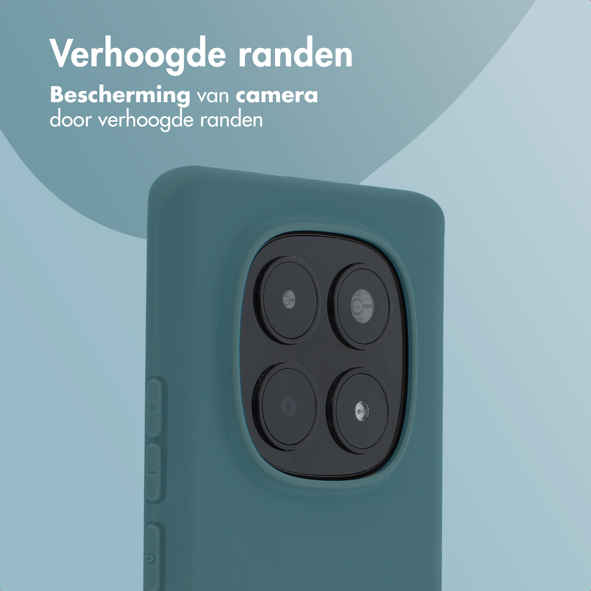 Arrière d'un étui de téléphone bleu montrant quatre caméras et des boutons.