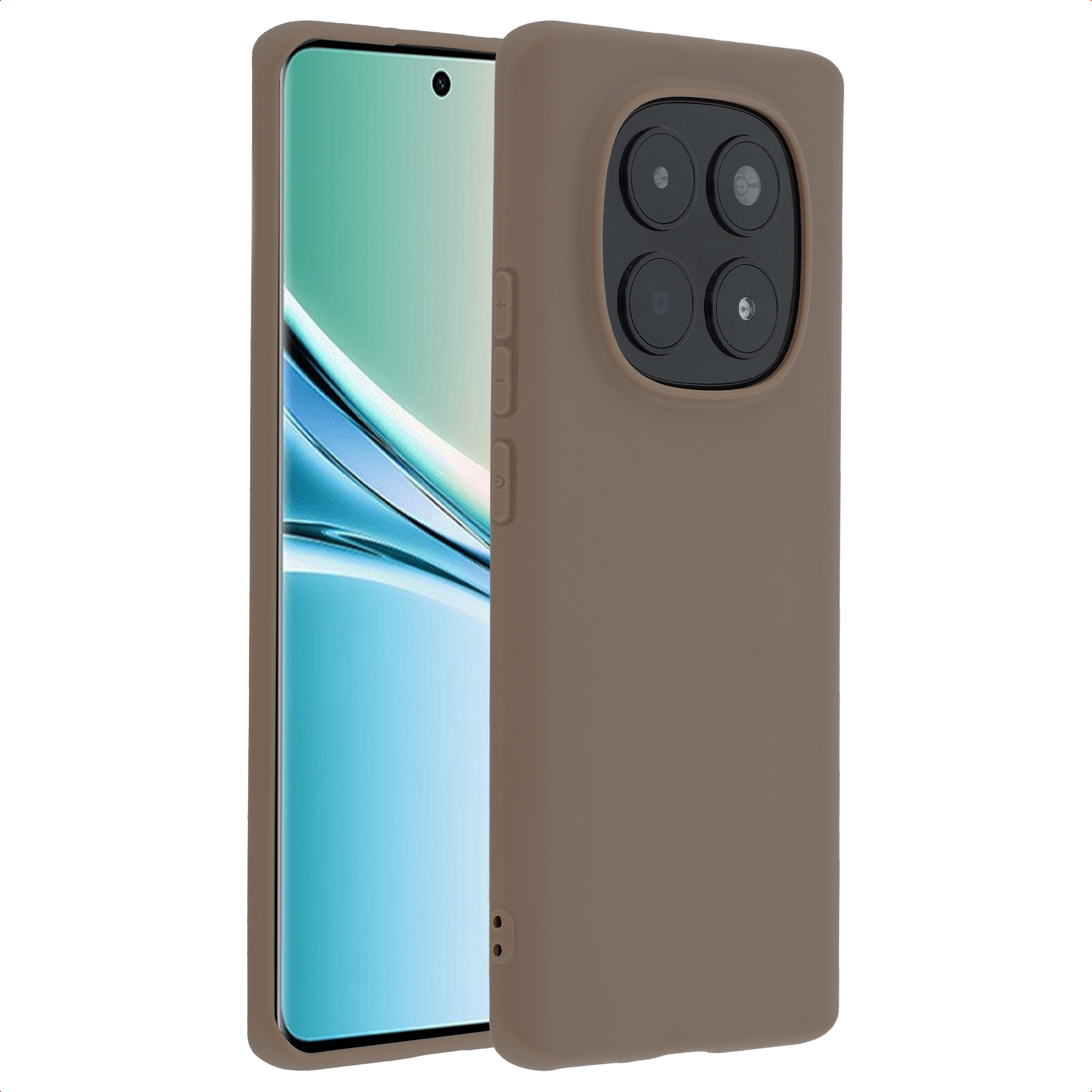 Coque de téléphone marron avec quatre objectifs et un smartphone sur fond bleu.