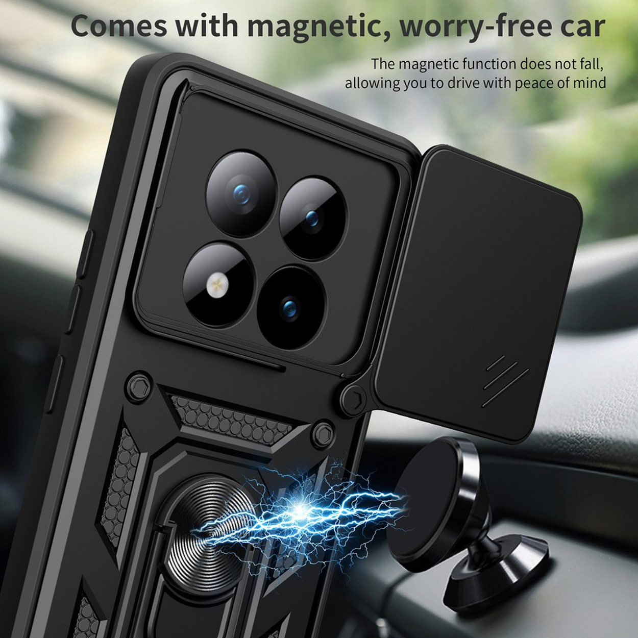 Zwarte telefoonhoes met magnetische autohouder en camerabeschermer.