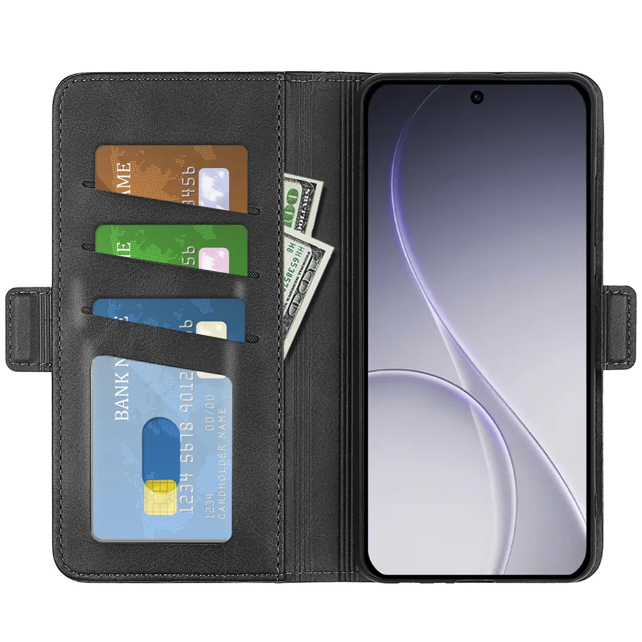 Zwart portemonnee-etui met telefoon, kaarten en bankbiljetten.