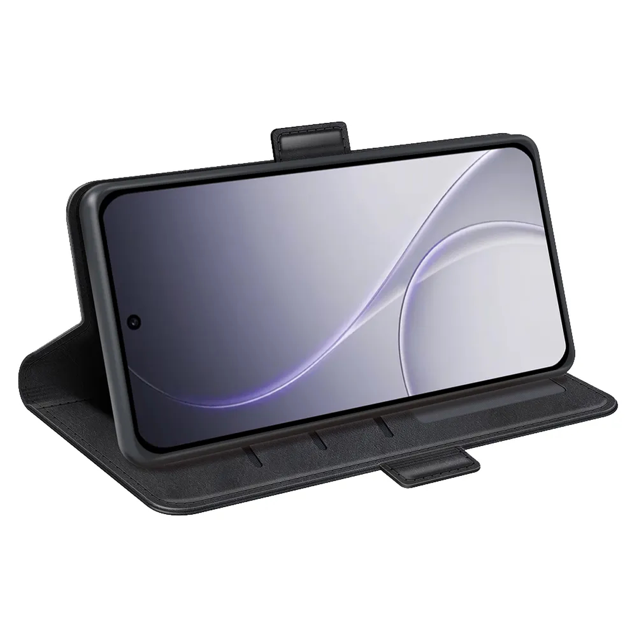 Zwarte telefoon flipcase met open deksel, die de telefoon toont.