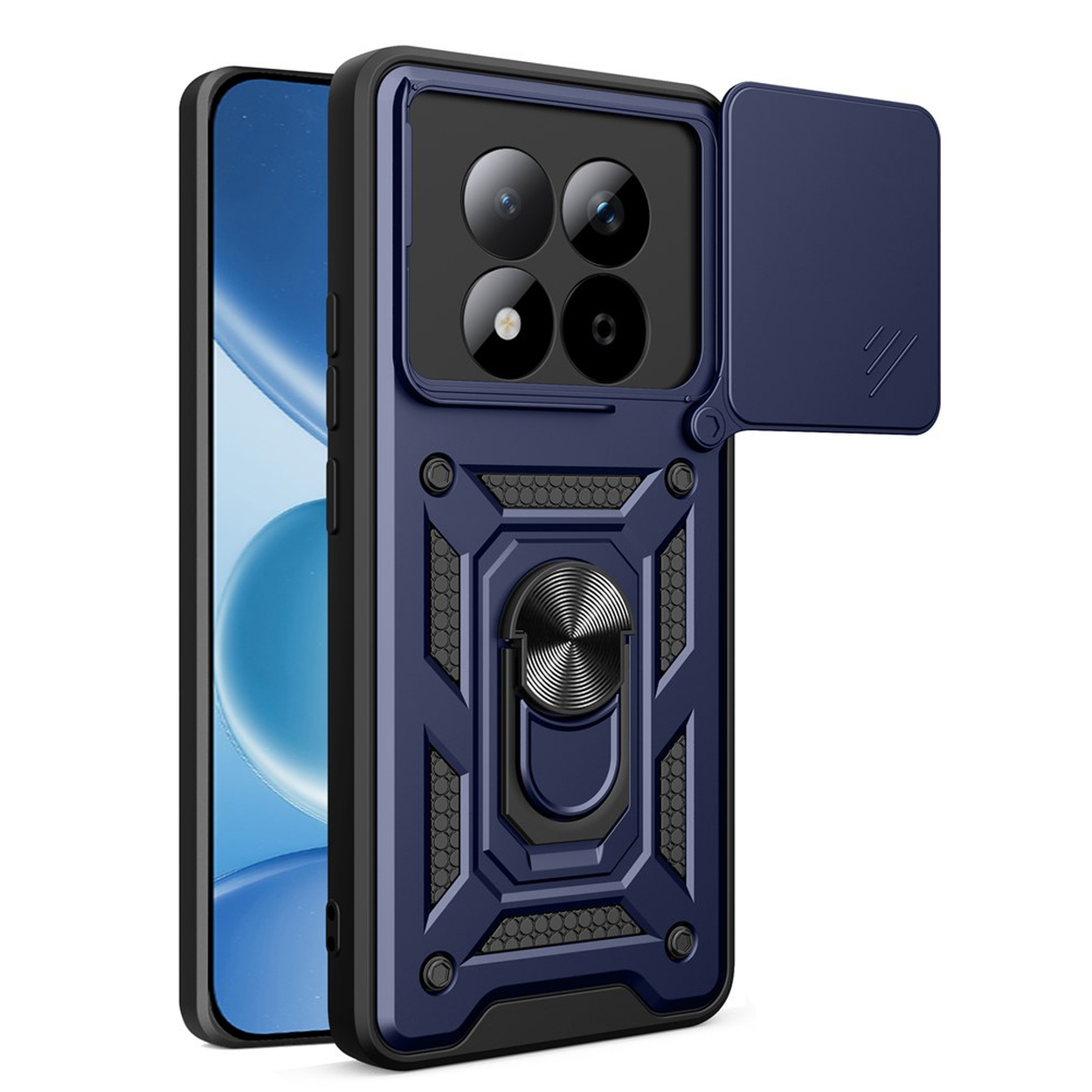 Donkerblauw telefoonhoesje met ringhouder en schuifbare cameradop.