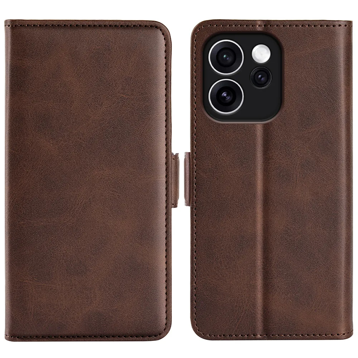 Étui de téléphone marron, ouvert, montrant le module caméra et le fermoir.