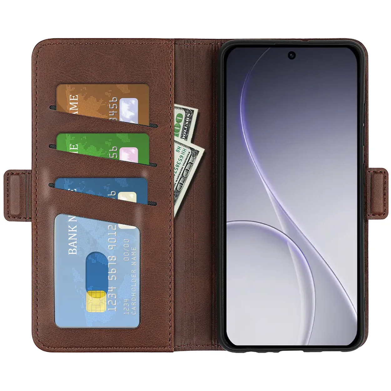 Portefeuille marron avec emplacement pour téléphone, cartes et billets.