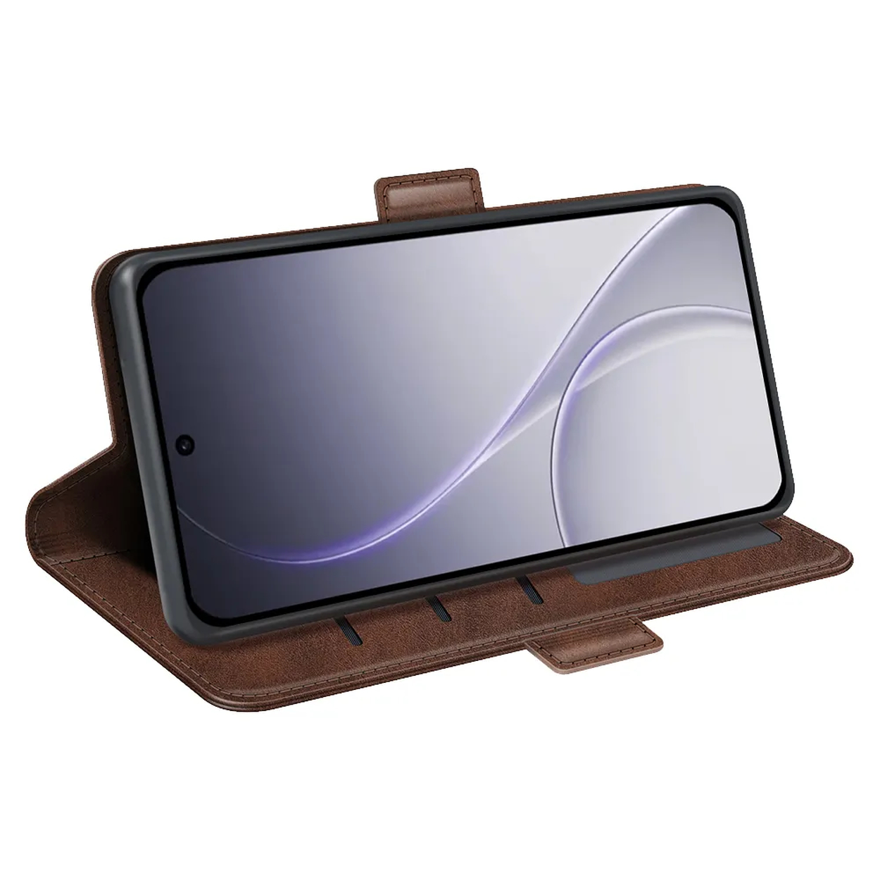 Étui à rabat en cuir marron pour smartphone, sur fond blanc.