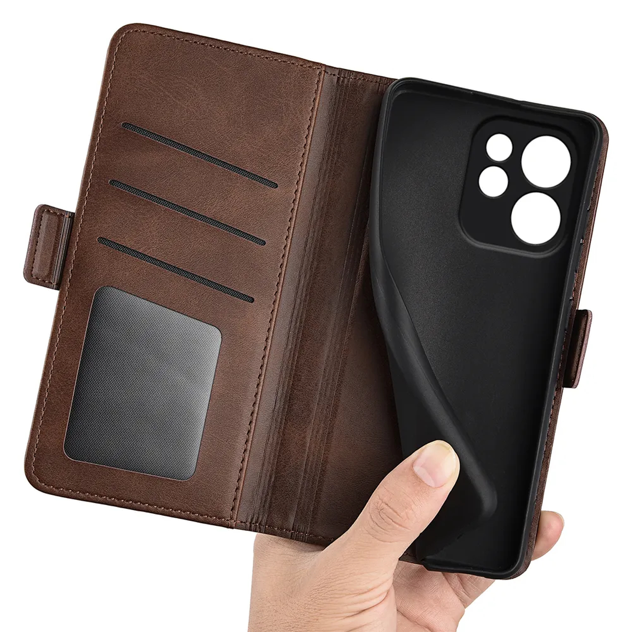 Étui de téléphone en cuir marron avec fentes pour cartes et fenêtre.