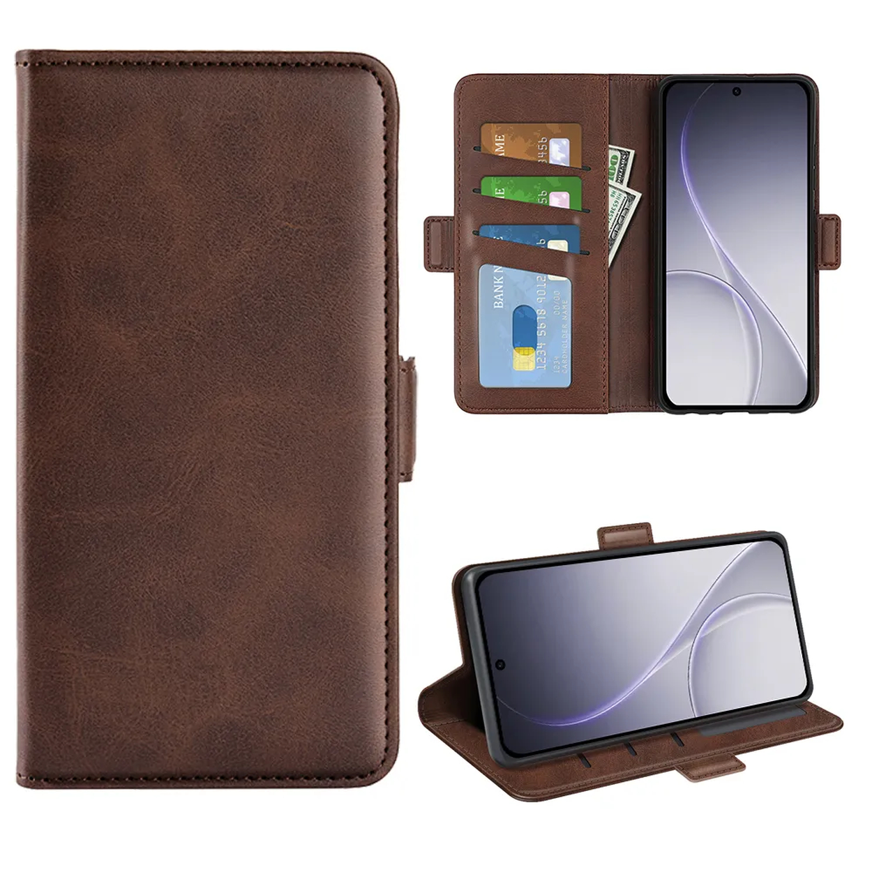 Étui portefeuille en cuir marron pour téléphone, avec fentes pour cartes et téléphone.