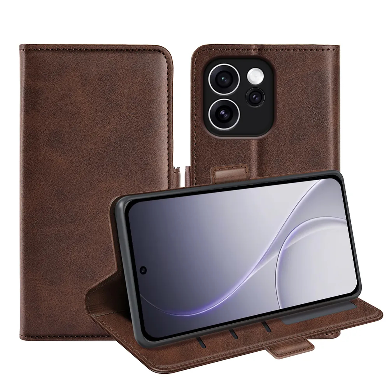 Étui en cuir marron pour téléphone avec trois caméras, écran ouvert.