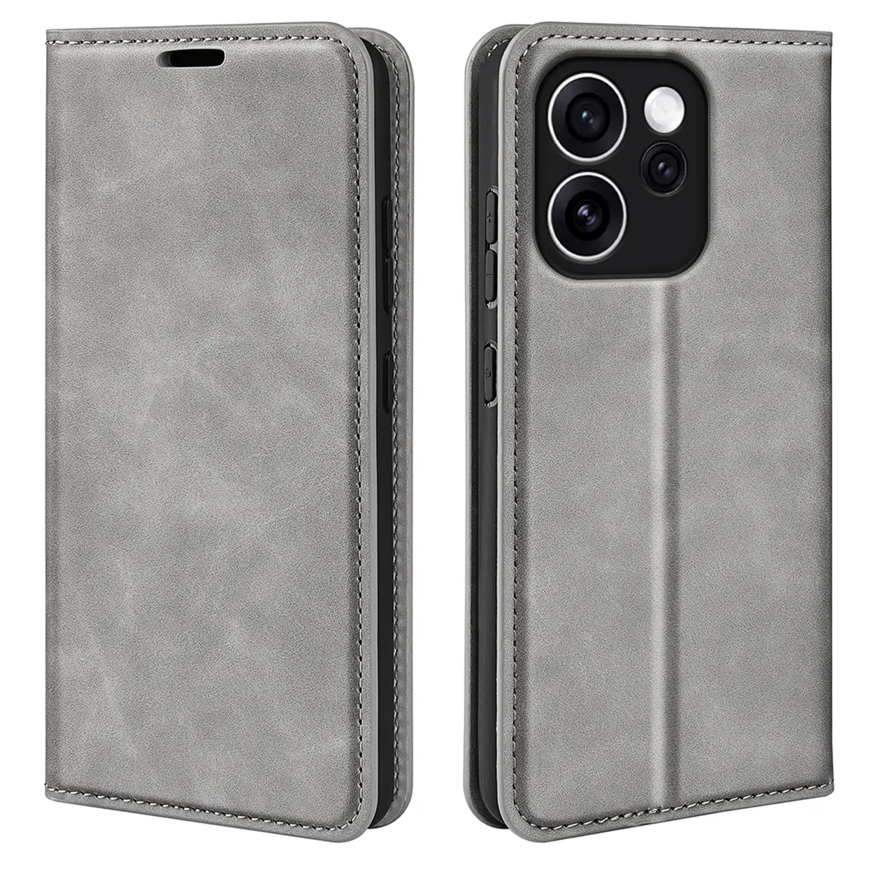 Étui de téléphone gris style portefeuille, vues avant et arrière avec découpe caméra.