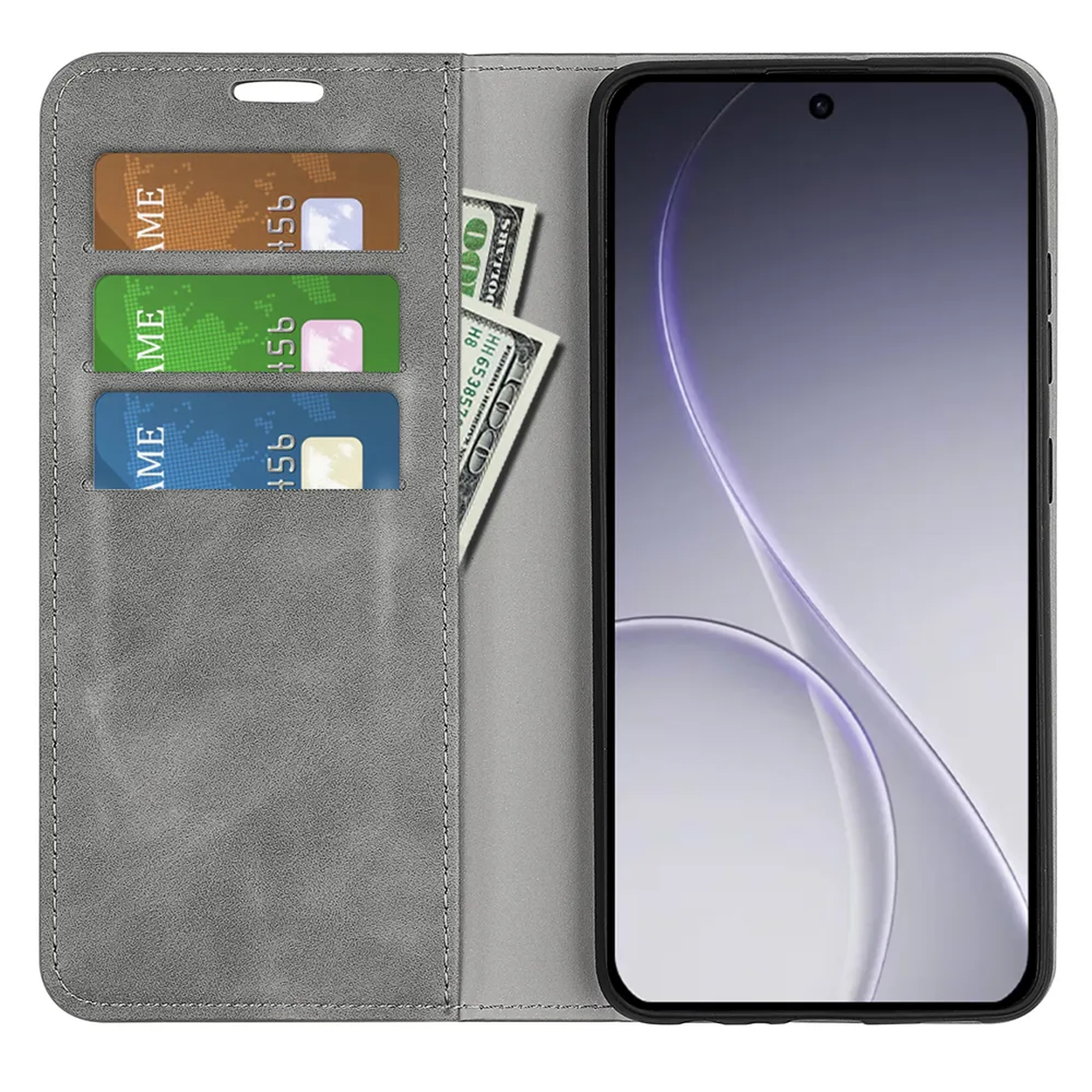 Étui de téléphone gris avec trois fentes pour cartes et billets.