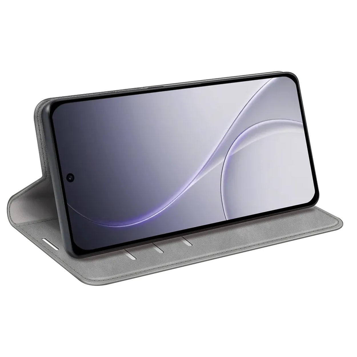 Smartphone gris dans un étui de protection ouvert, vue de côté.