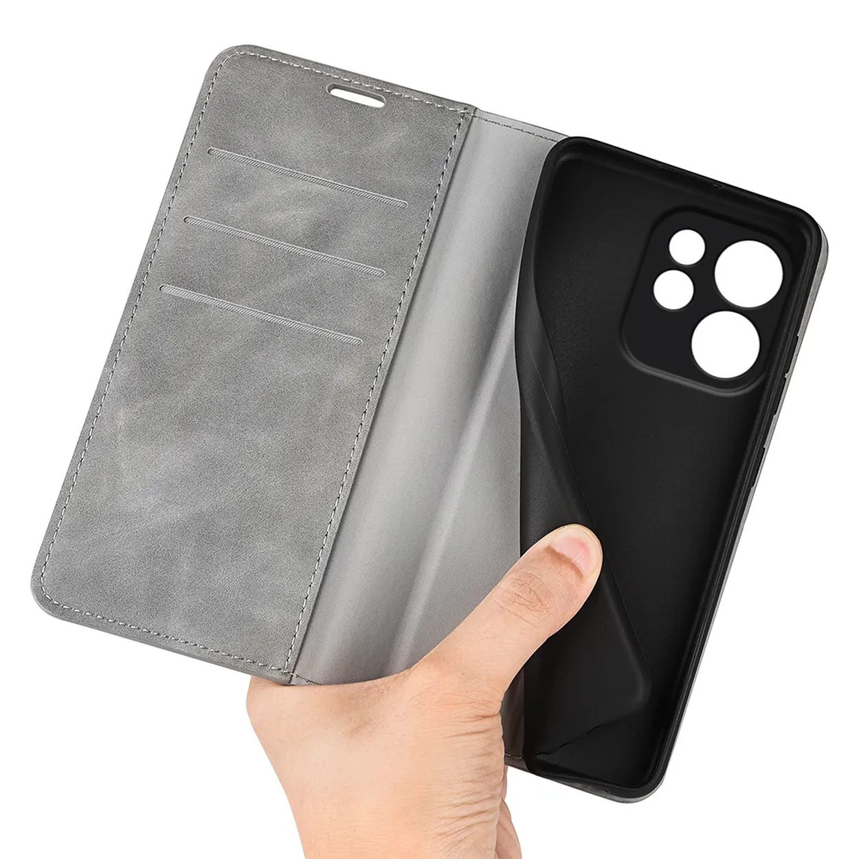 Étui de téléphone à rabat gris avec fentes pour cartes et découpe caméra noire.