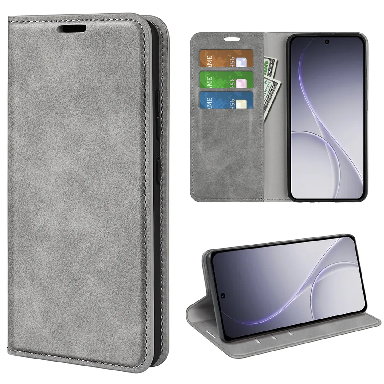 Étui de téléphone gris montré fermé, ouvert avec cartes/argent et posé.