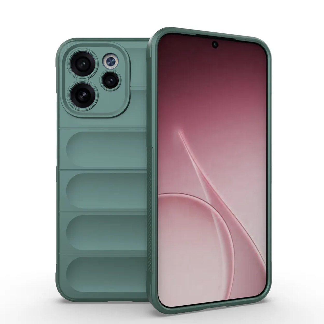 Une coque de téléphone verte avec un renflement d'appareil photo à l'arrière et un écran.