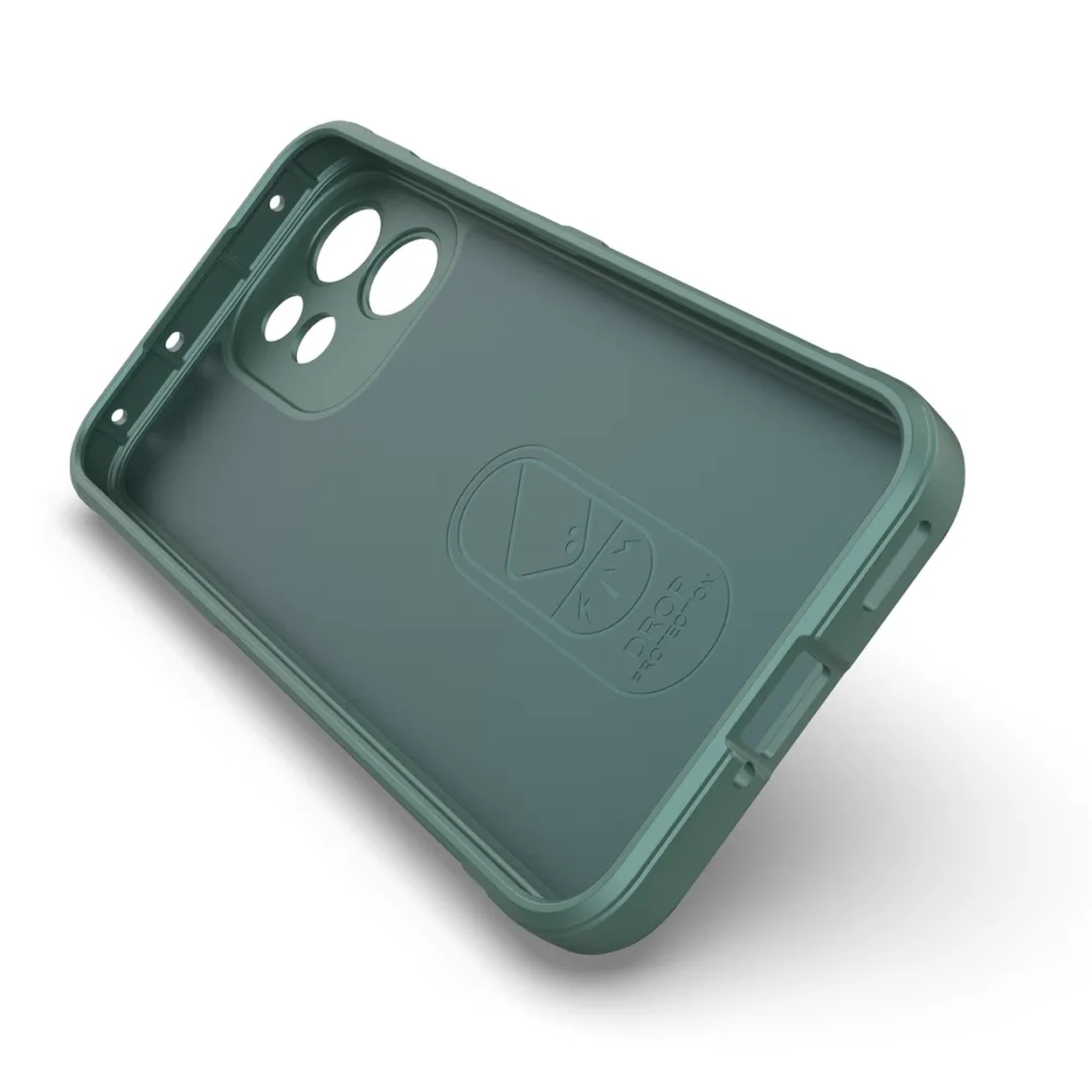 Coque de téléphone verte avec découpes pour appareil photo et logo sur fond blanc.
