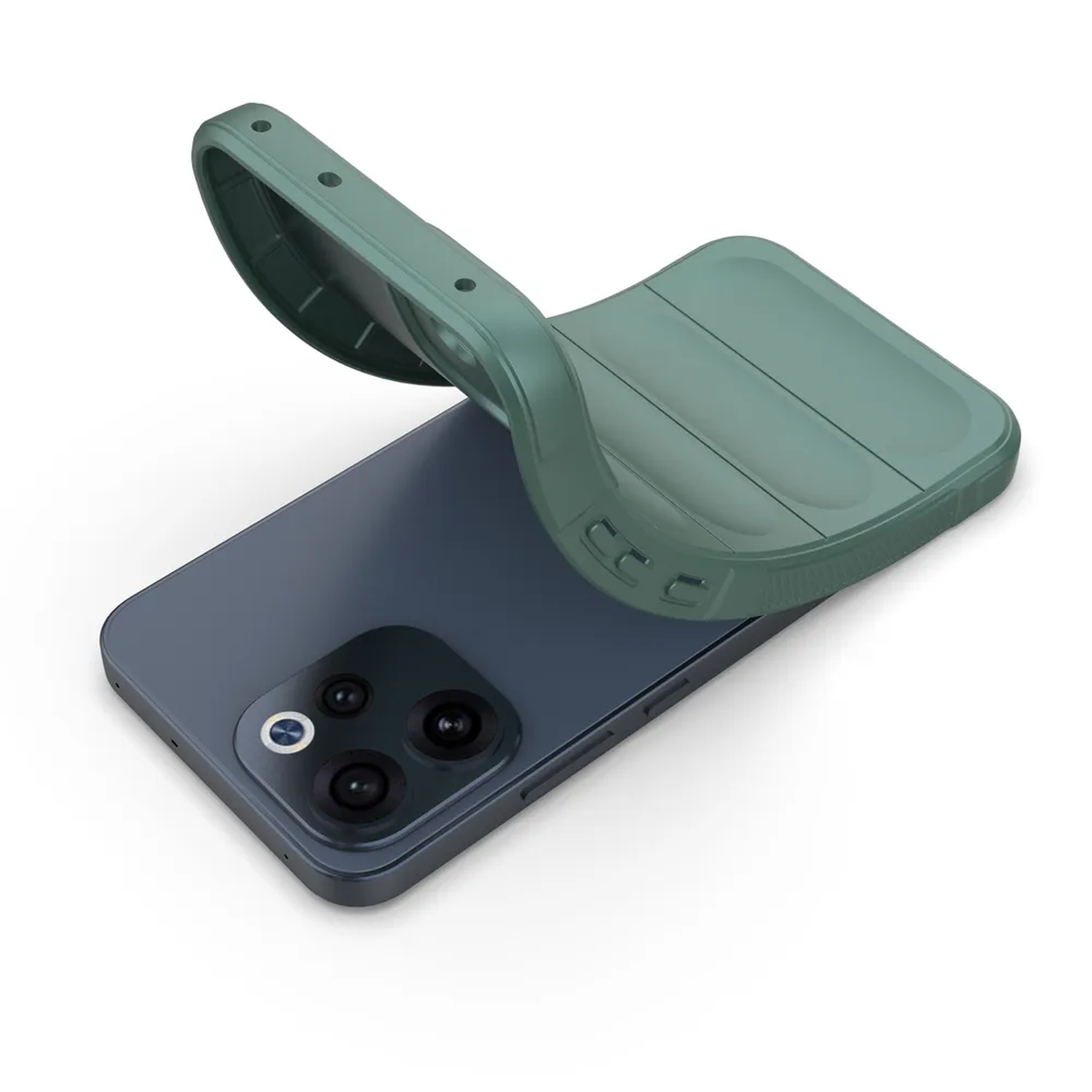 Un étui de téléphone vert est placé sur un smartphone bleu foncé.