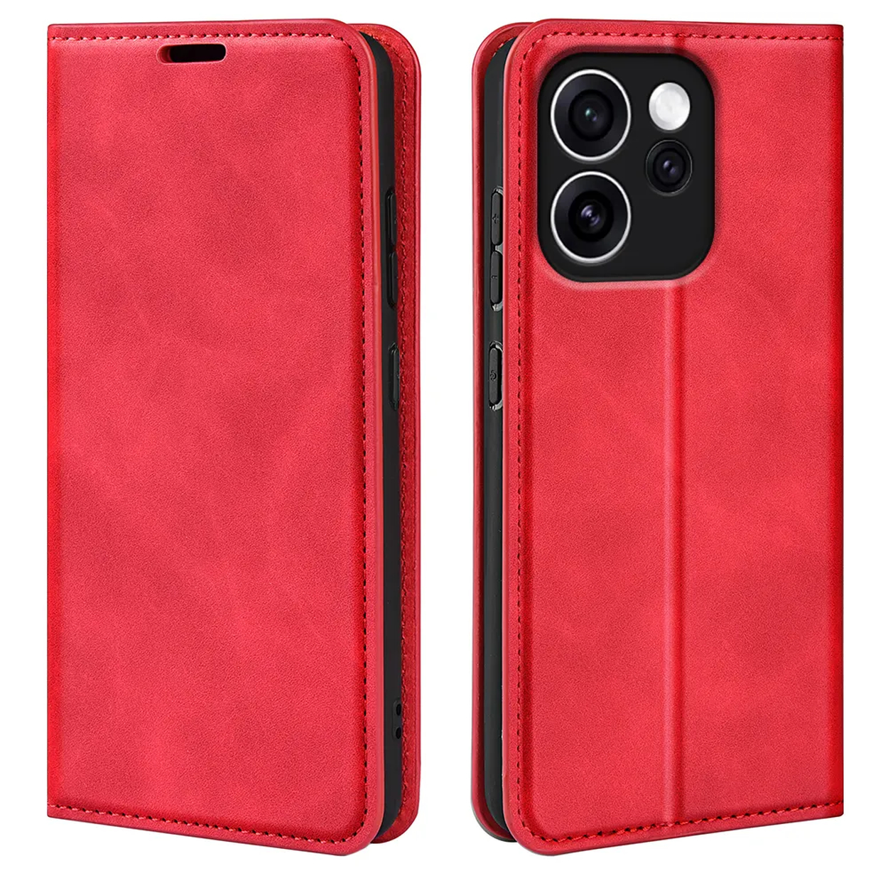 Rode flip telefoonhoes met camera-uitsparing en knoppen.