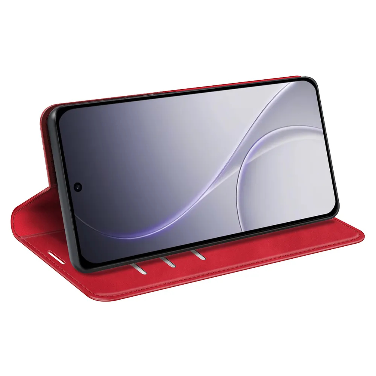 Een rode leren telefoonhoes is open, met een smartphone met een grijs en paars abstracte achtergrond.