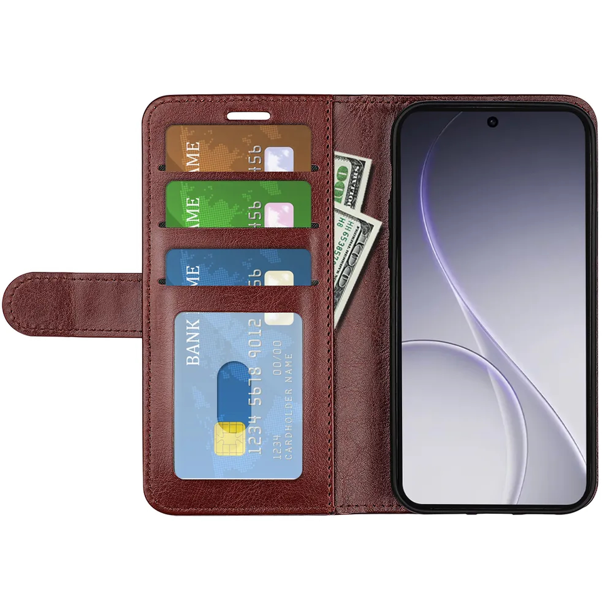 Bruine lederen telefoonhoes met kaartsleuven, bankbiljetten en een smartphone.