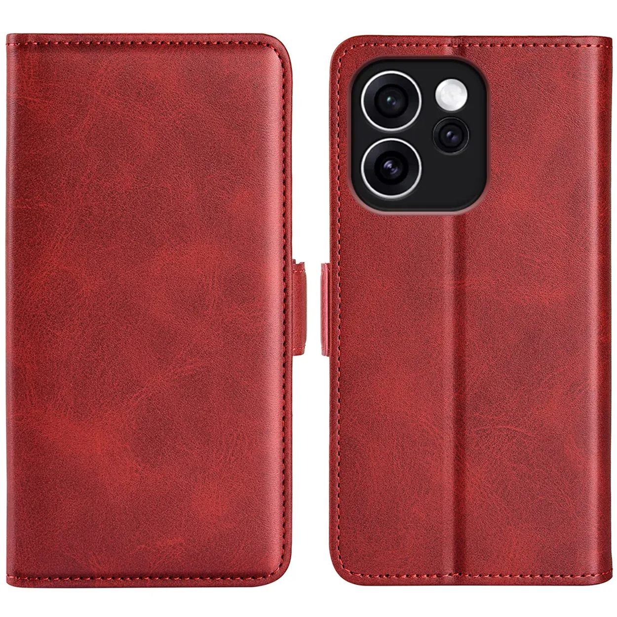 Étui portefeuille rouge en cuir avec îlot caméra et deux fentes.