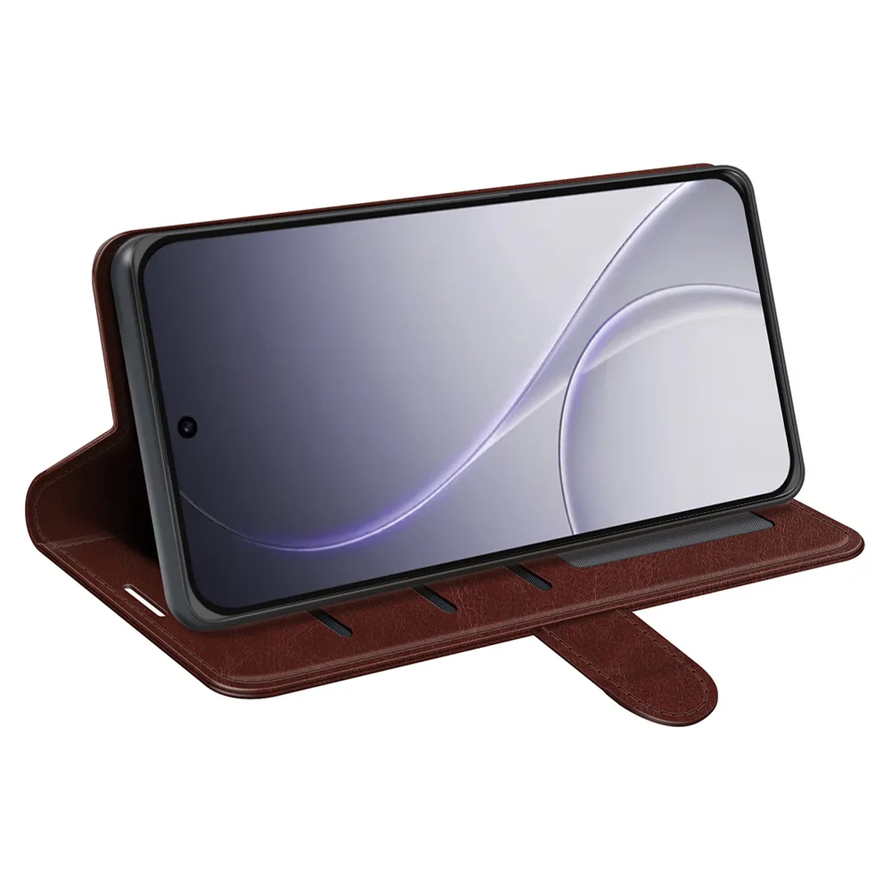 Bruine lederen telefoonhoes, open, met scherm en magneetsluiting.