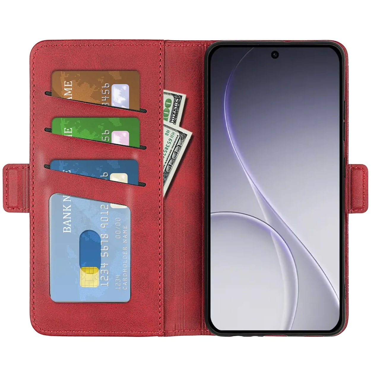 Portefeuille rouge avec fentes pour cartes de crédit, billets et un smartphone.
