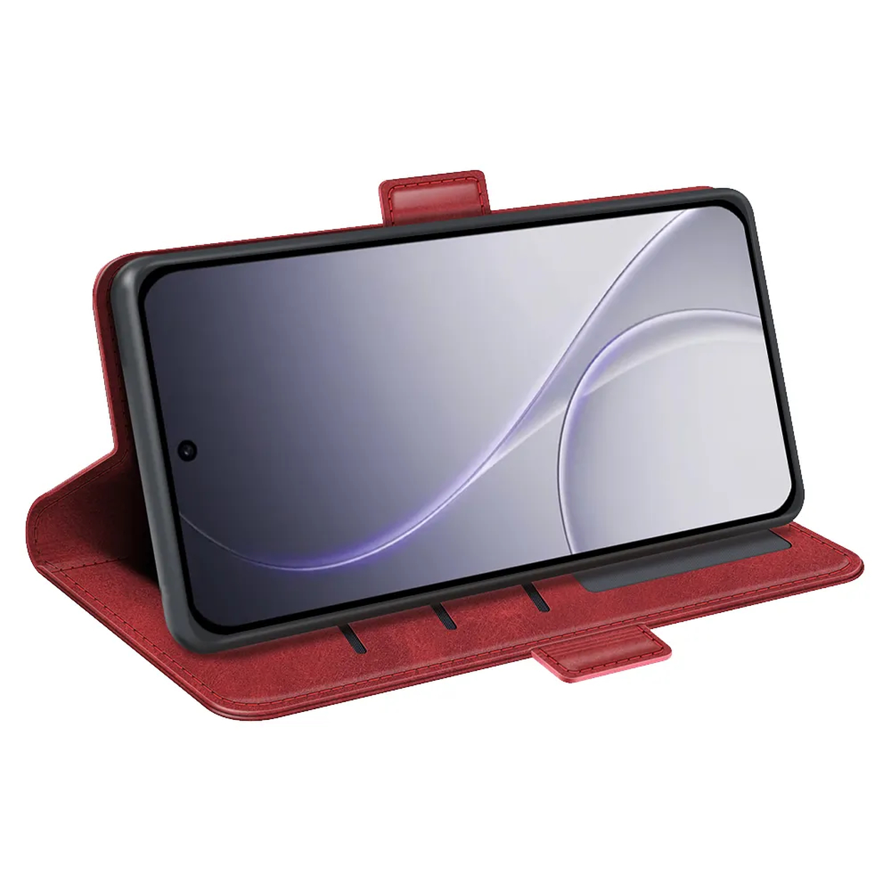 Étui rouge pour téléphone ouvert, tenant un smartphone.
