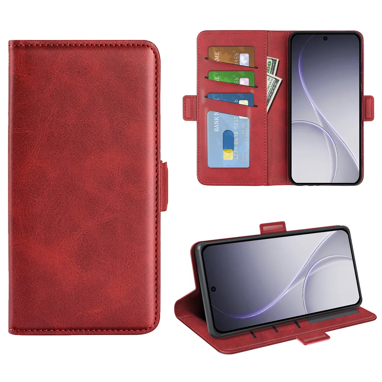 Étui rouge en cuir pour téléphone avec fentes pour cartes et téléphone.