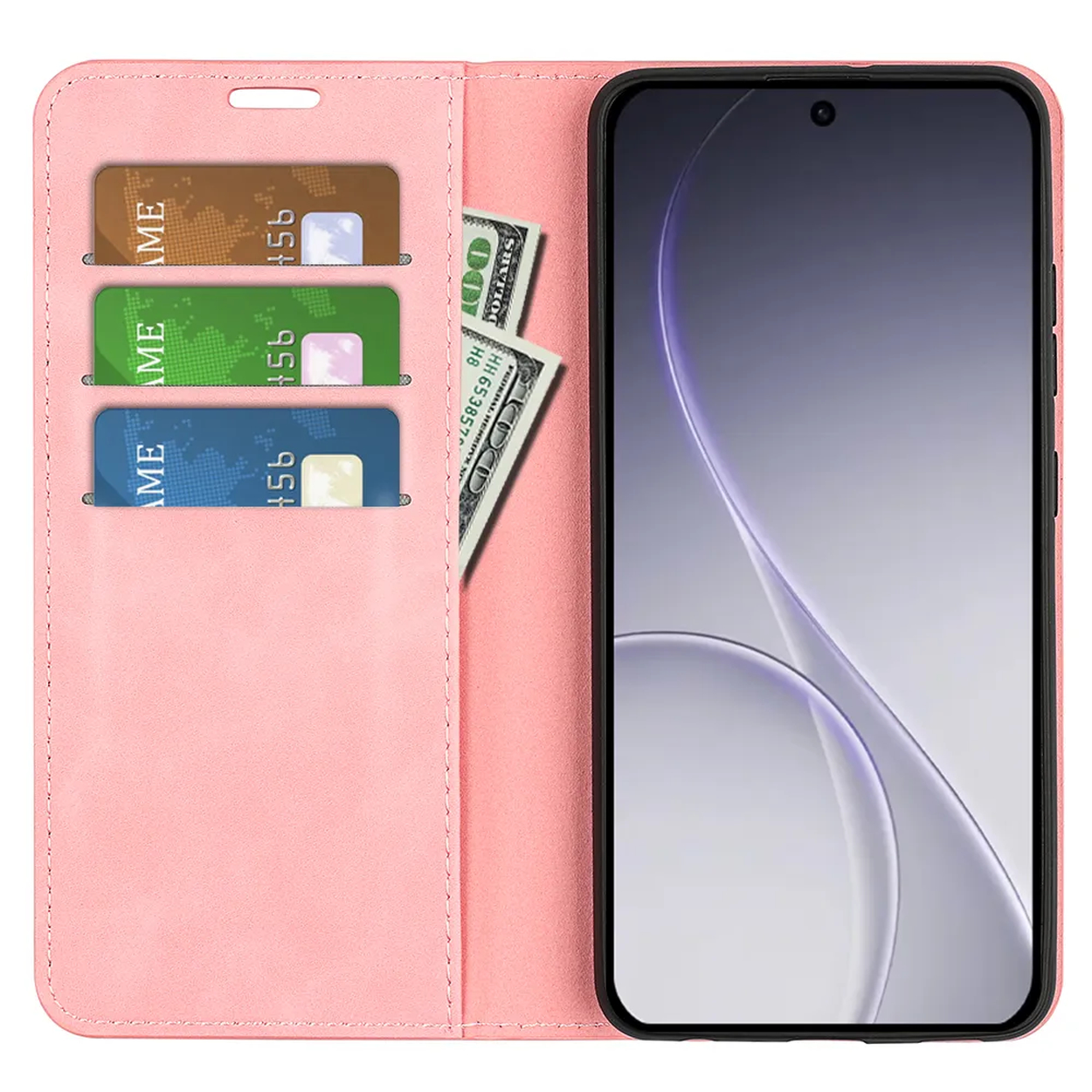 Étui de téléphone rose avec trois fentes pour cartes et billets de dollars US.