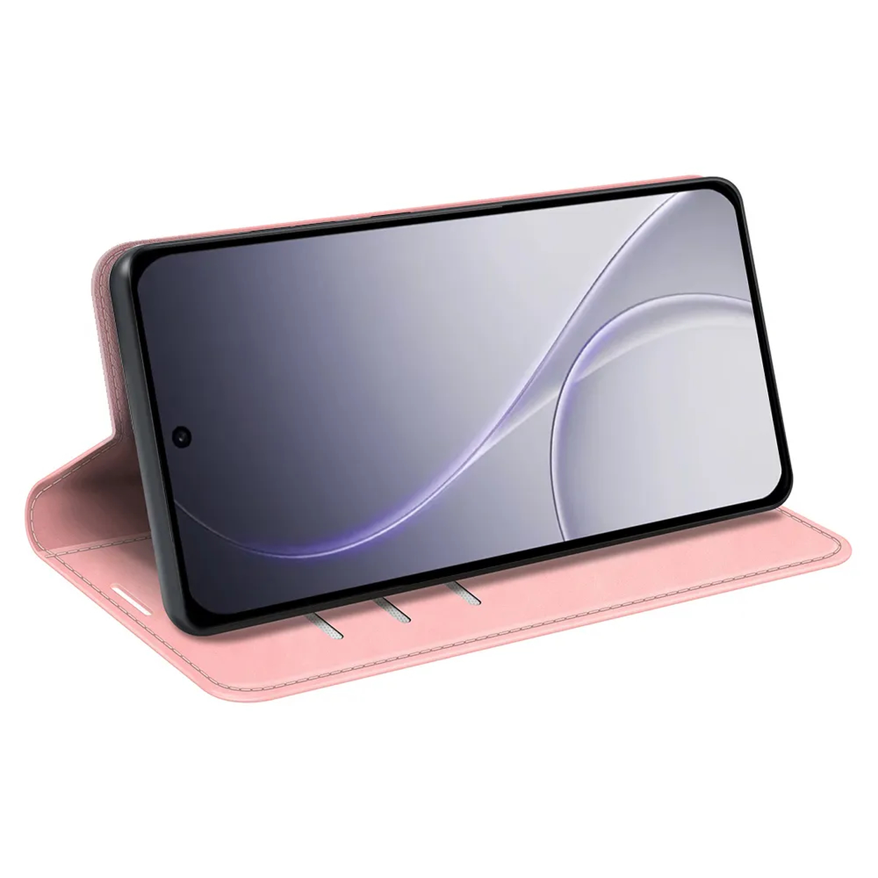 Un étui de téléphone rose tenant un smartphone affichant un tourbillon abstrait à l'écran.