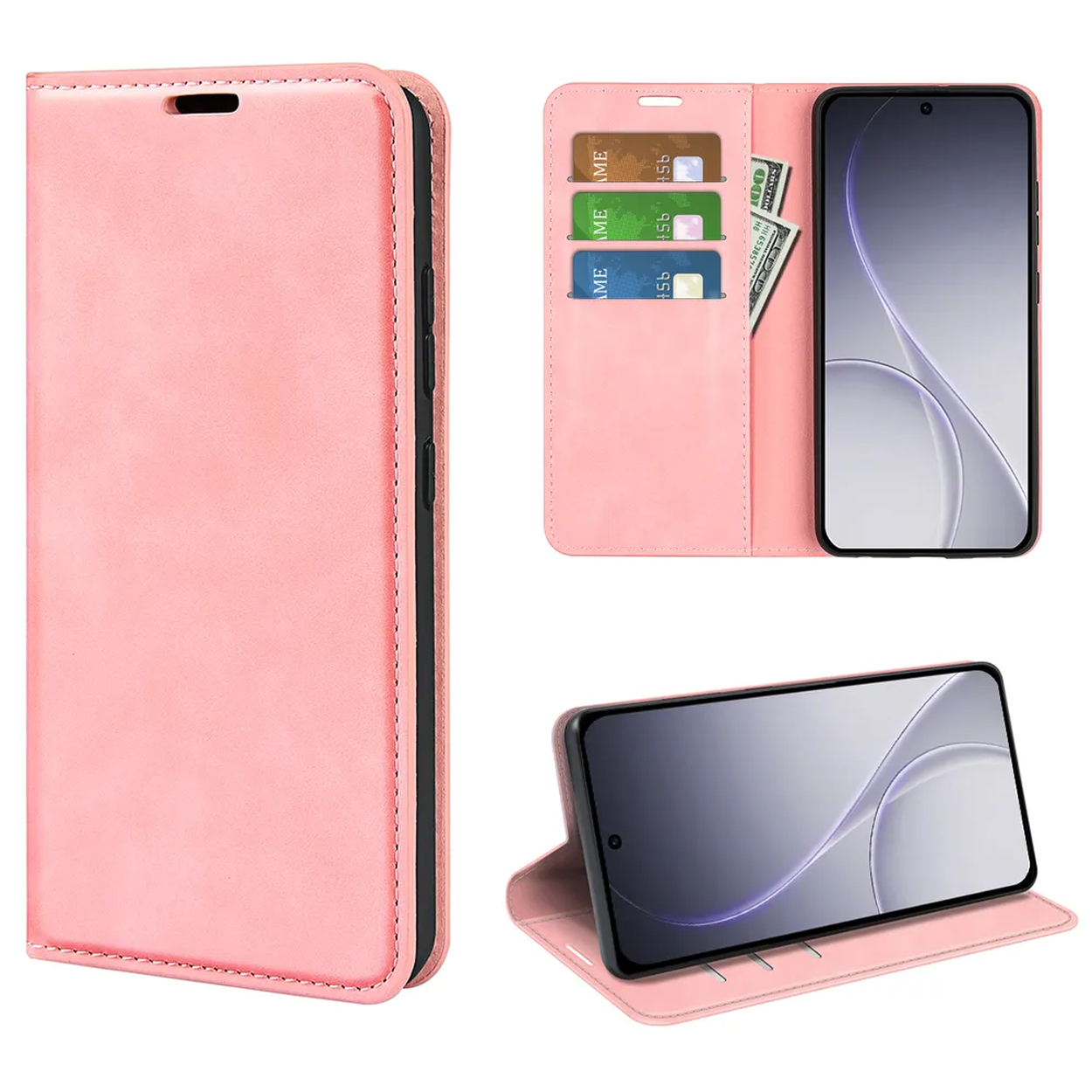 Étui de téléphone en cuir rose avec fentes pour cartes et un téléphone.