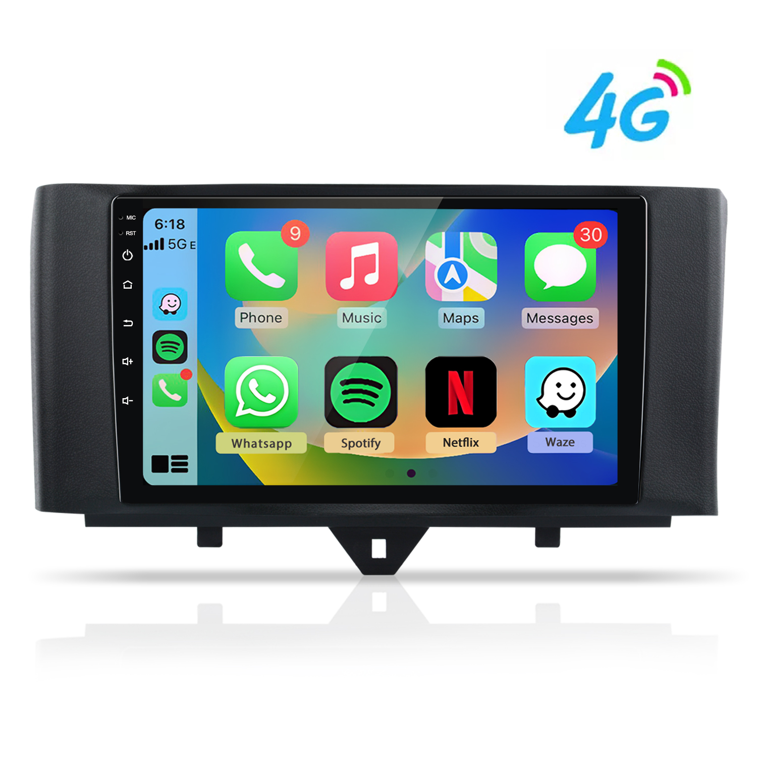 Un touchscreen stereo per auto che mostra app come Telefono, Musica, Mappe e Messaggi.