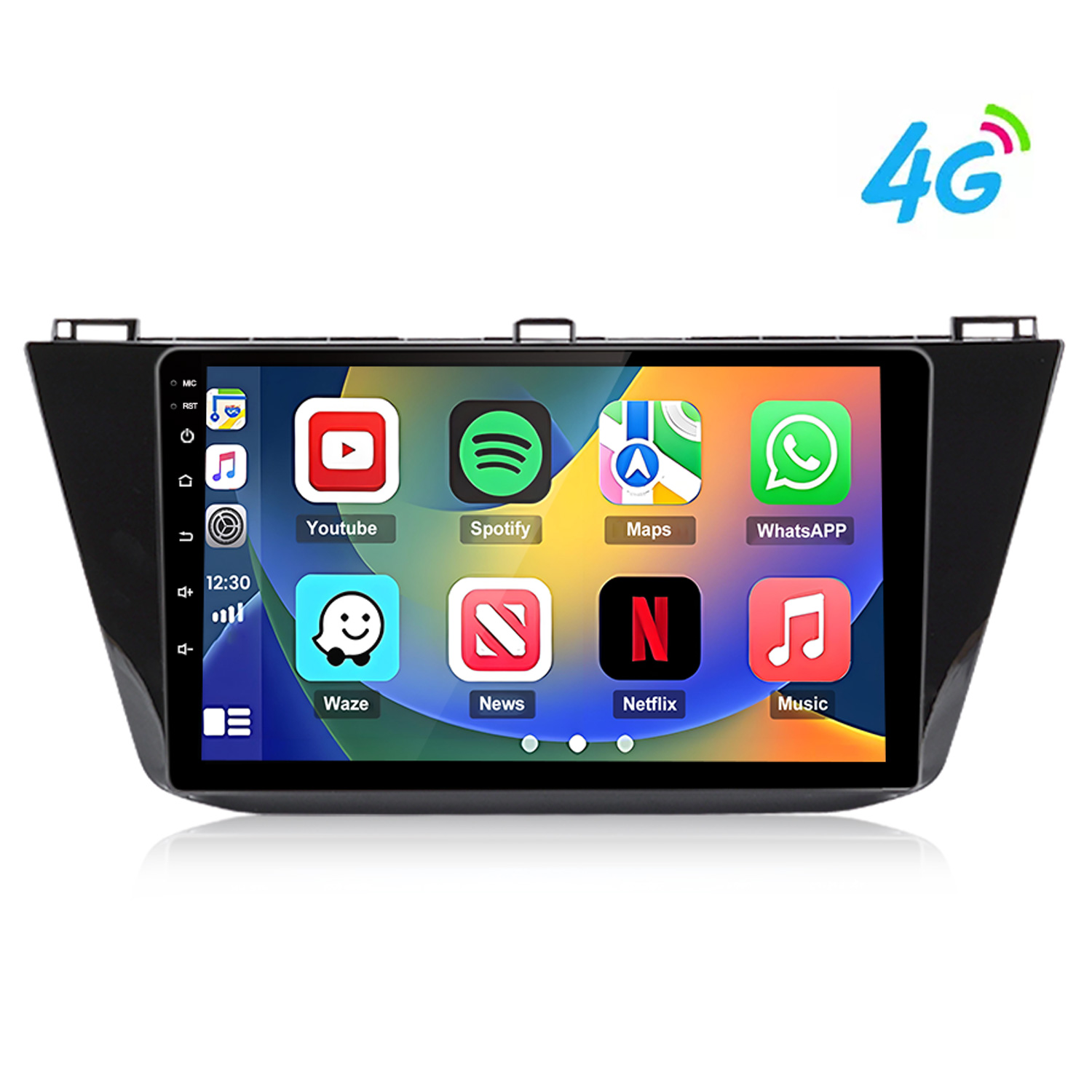 Ein Autoradio-Bildschirm mit Apps wie Youtube, Spotify, Maps und 4G-Logo.