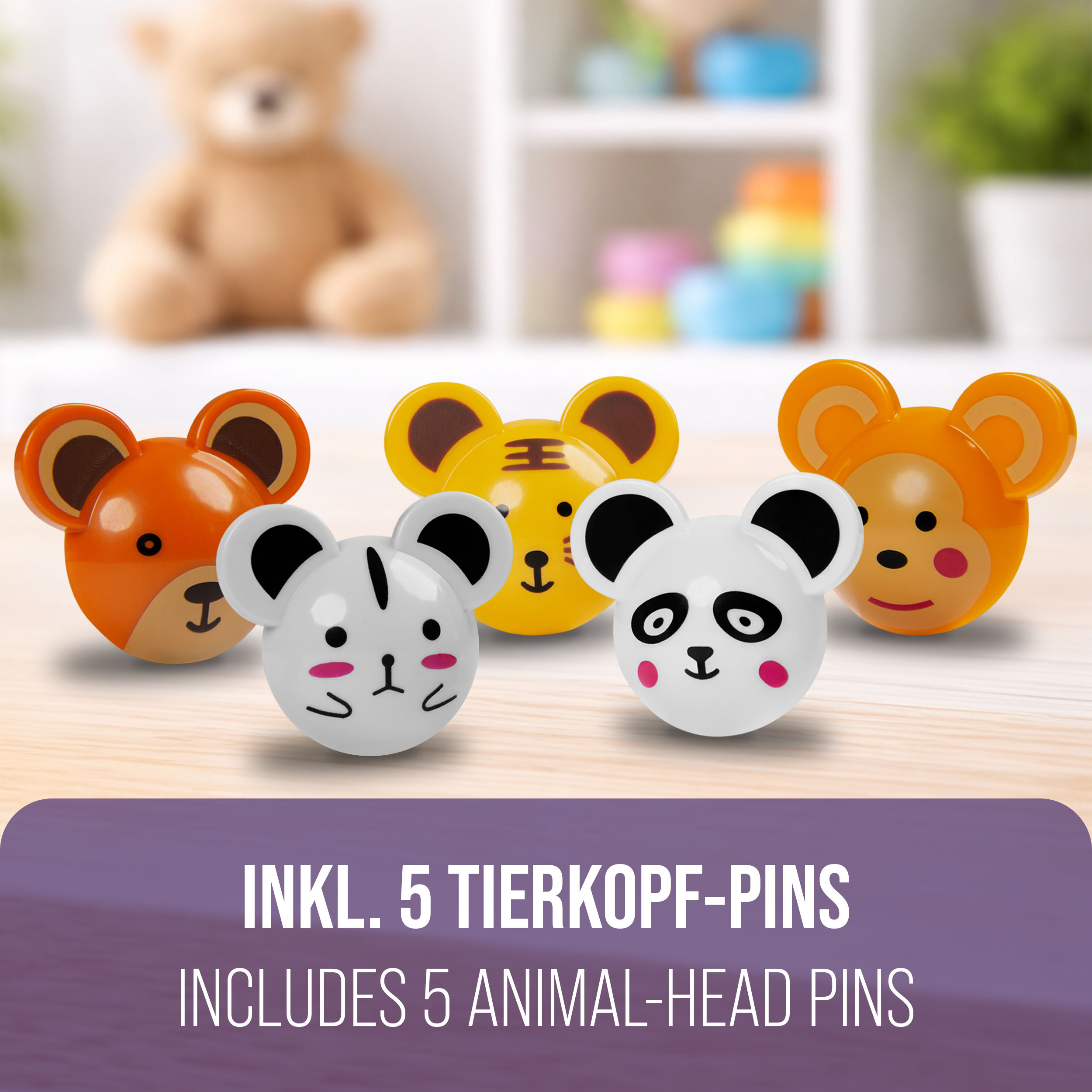 Fünf bunte Tierkopf-Pins, darunter ein Panda und ein Tiger.