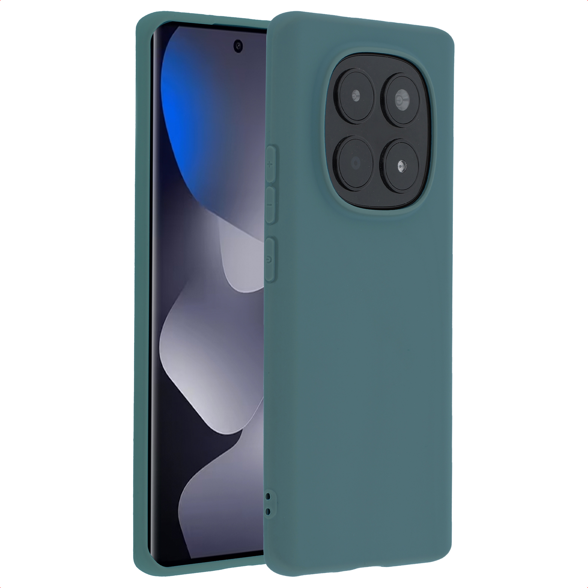 Een blauwgroene telefoon met een rechthoekige camerapleister met vier lenzen.