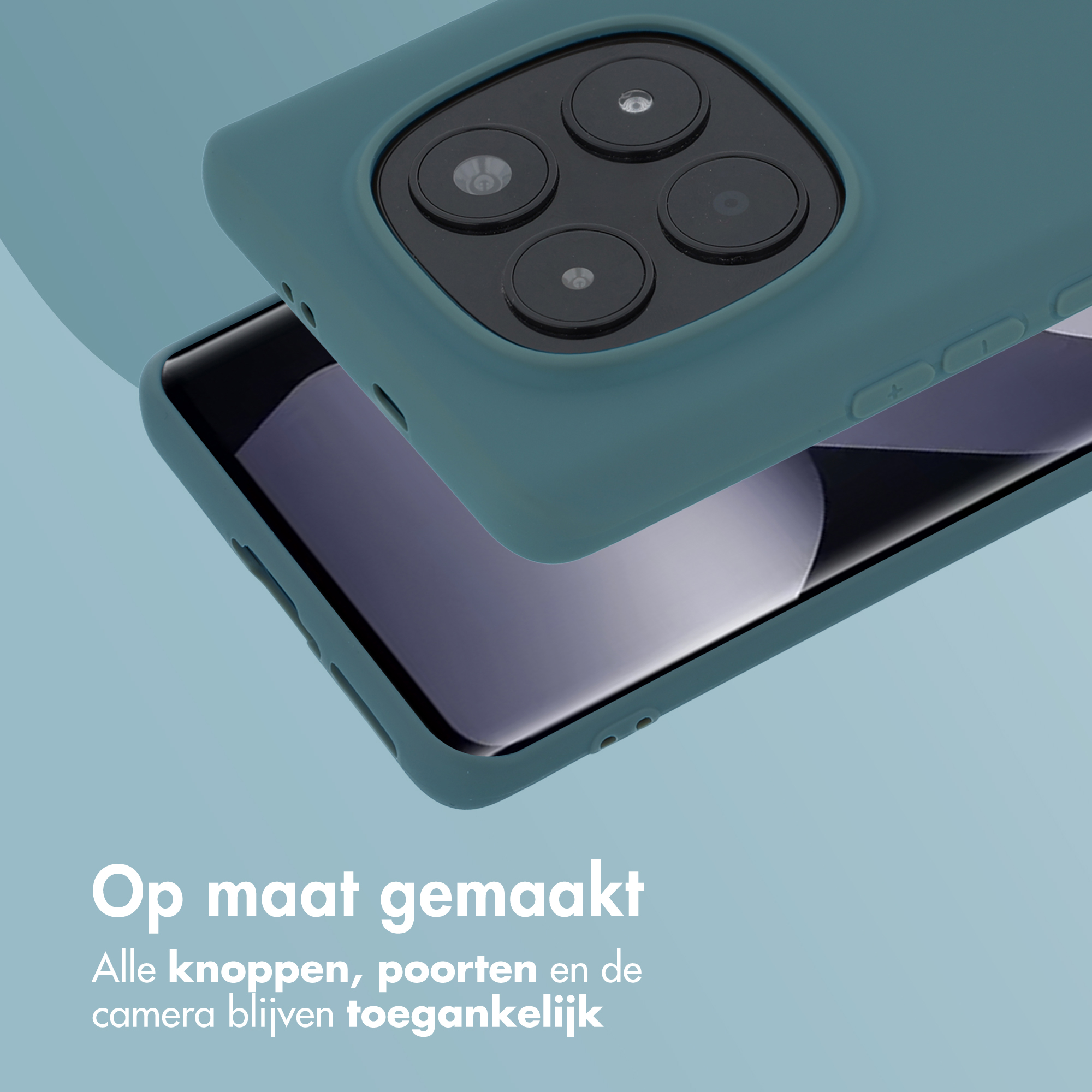 Een teal telefoonhoesje ligt over een smartphone. Vier cameralenzen zijn zichtbaar.